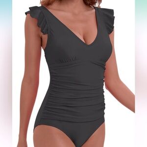 NWT Black Ruffled One Piece Swimsuit Tummy Control Bathing Suits Swimwear, XL